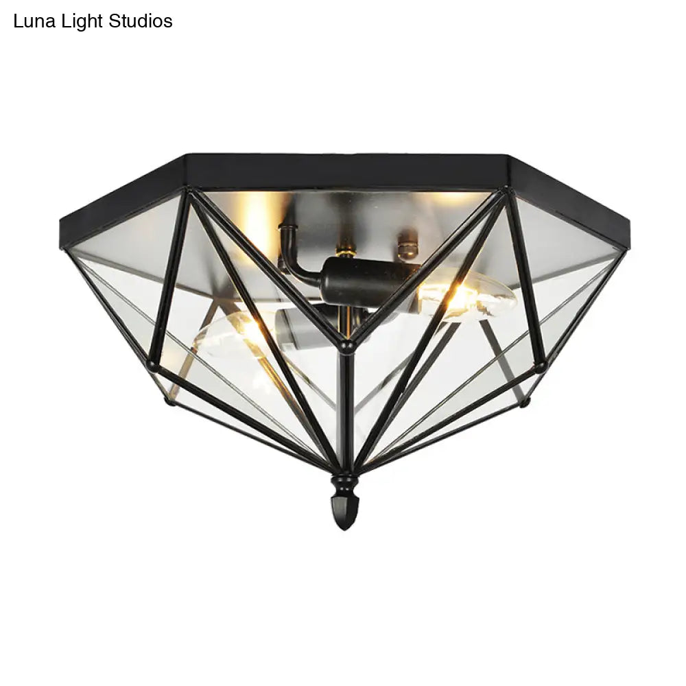 Vintage Polyhedron Clear Glass Ceiling Light - Single Bulb Flushmount In Black For Foyer