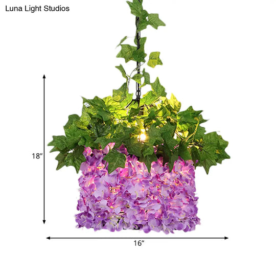 Vintage Purple Pendant Ceiling Lamp With Flower Decoration And Led Drop Light
