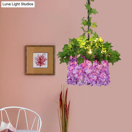 Retro Purple Metal Led Pendant Light With Flower Decoration - 1-Light Ceiling Drop Lamp