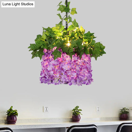 Vintage Purple Pendant Ceiling Lamp With Flower Decoration And Led Drop Light