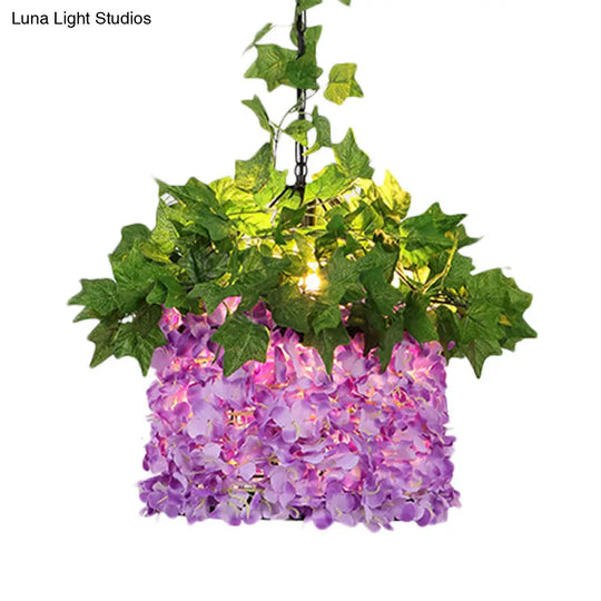 Retro Purple Metal Led Pendant Light With Flower Decoration - 1-Light Ceiling Drop Lamp