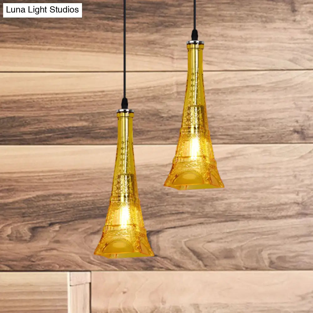 Vintage Purple/Yellow Glass Pendant Light Fixture - 1 Head Tower Mini Hanging Lamp For Restaurants