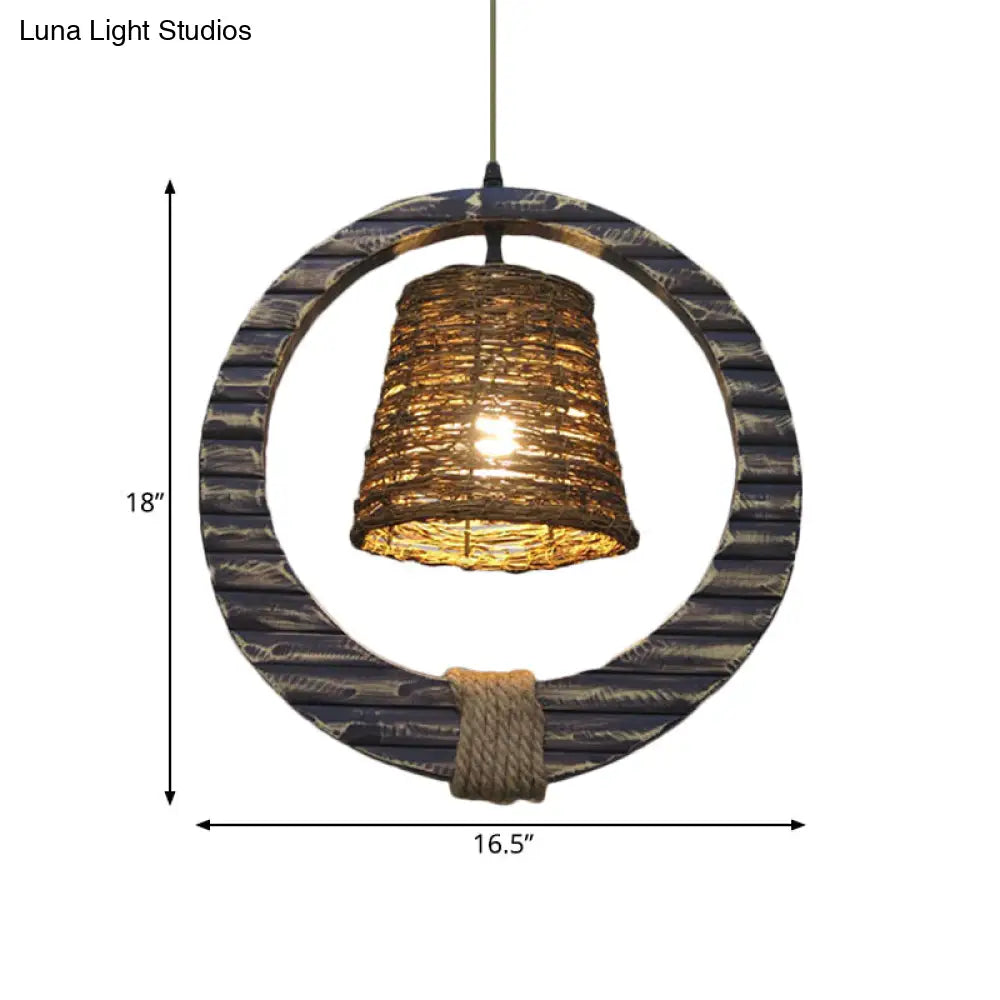 Antique Black Rattan Cone Pendant Light With Hemp Rope And Round Wood - 1 Bulb Hanging Lamp