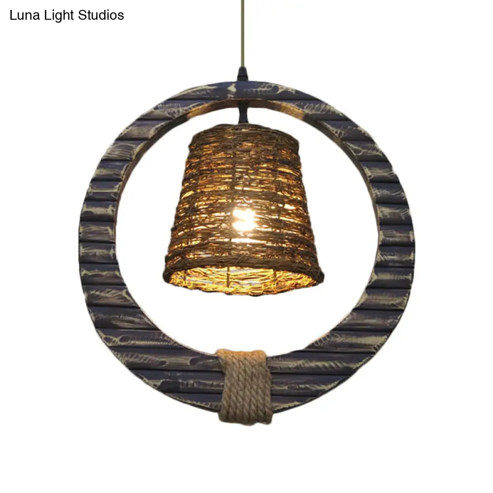 Antique Black Rattan Cone Pendant Light With Hemp Rope And Round Wood - 1 Bulb Hanging Lamp