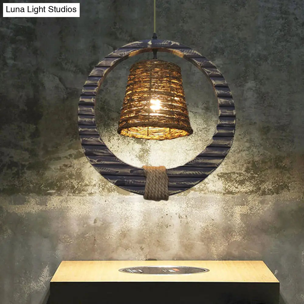 Antique Black Rattan Cone Pendant Light With Hemp Rope And Round Wood - 1 Bulb Hanging Lamp