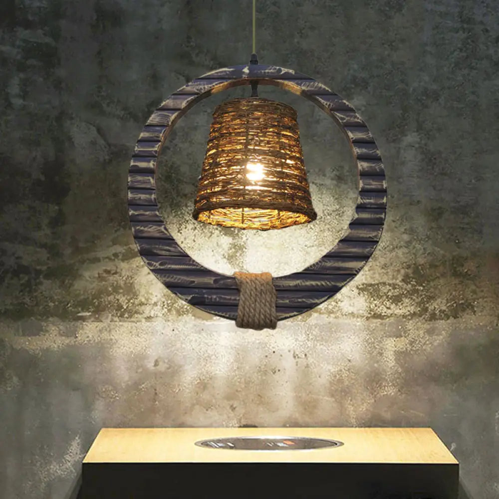 Vintage Rattan Pendant Light: Black Cone Suspension Lamp With Hemp Rope And Wood Accent
