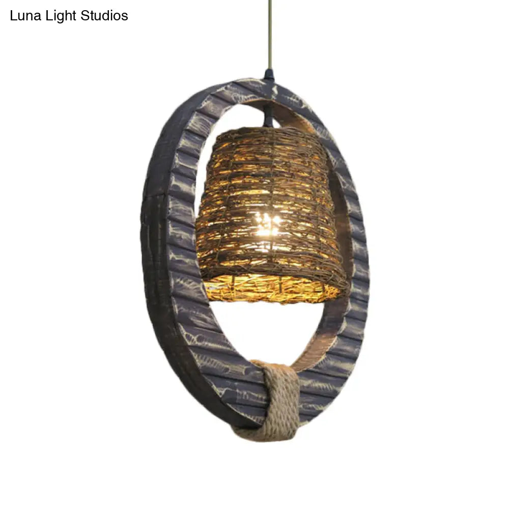 Antique Black Rattan Cone Pendant Light With Hemp Rope And Round Wood - 1 Bulb Hanging Lamp