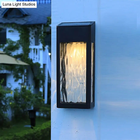 Vintage Rectangular Glass Solar Wall Light With Ripple Design - Outdoor Led Lamp In Black
