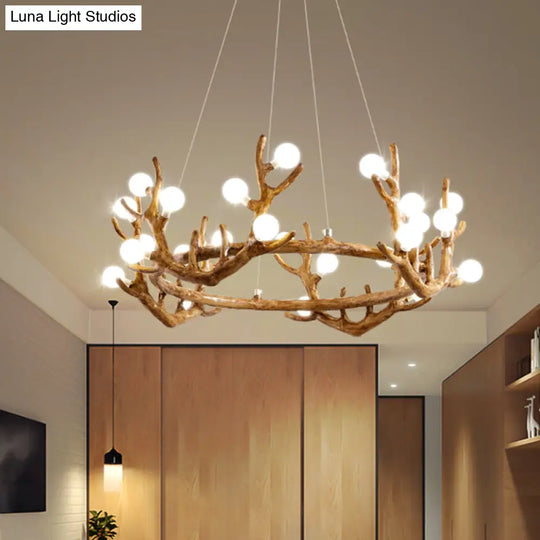 Vintage Resin Brown Led Chandelier Light - Antler Living Room Ceiling Lighting With Frosted Glass