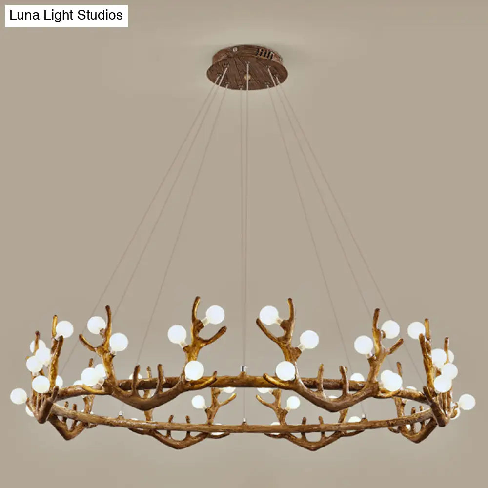 Vintage Resin Brown Led Chandelier Light - Antler Living Room Ceiling Lighting With Frosted Glass