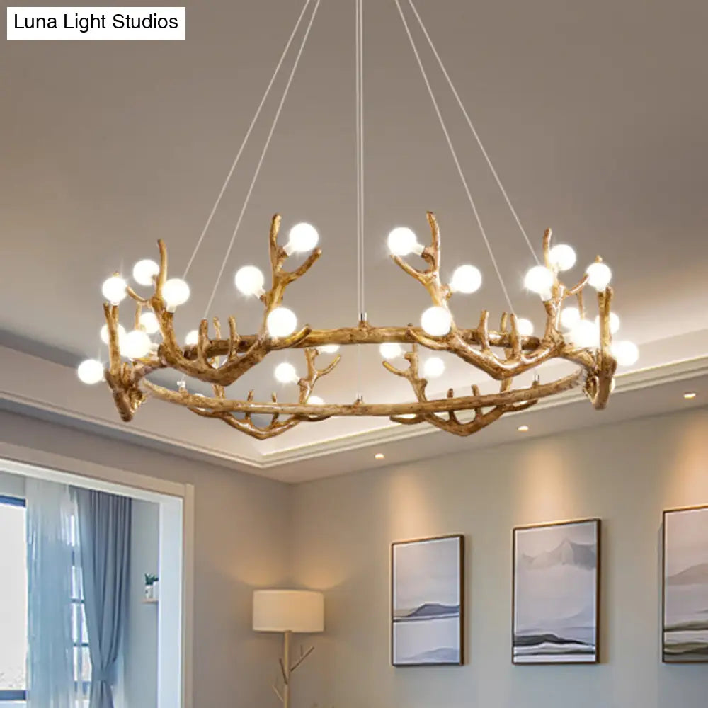 Vintage Resin Brown Led Chandelier Light - Antler Living Room Ceiling Lighting With Frosted Glass