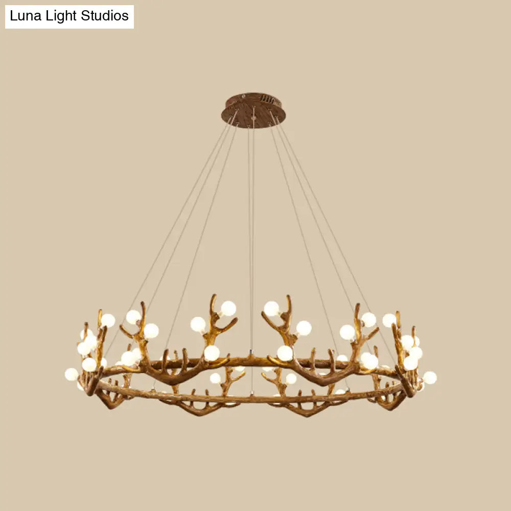 Vintage Resin Brown Led Chandelier Light - Antler Living Room Ceiling Lighting With Frosted Glass