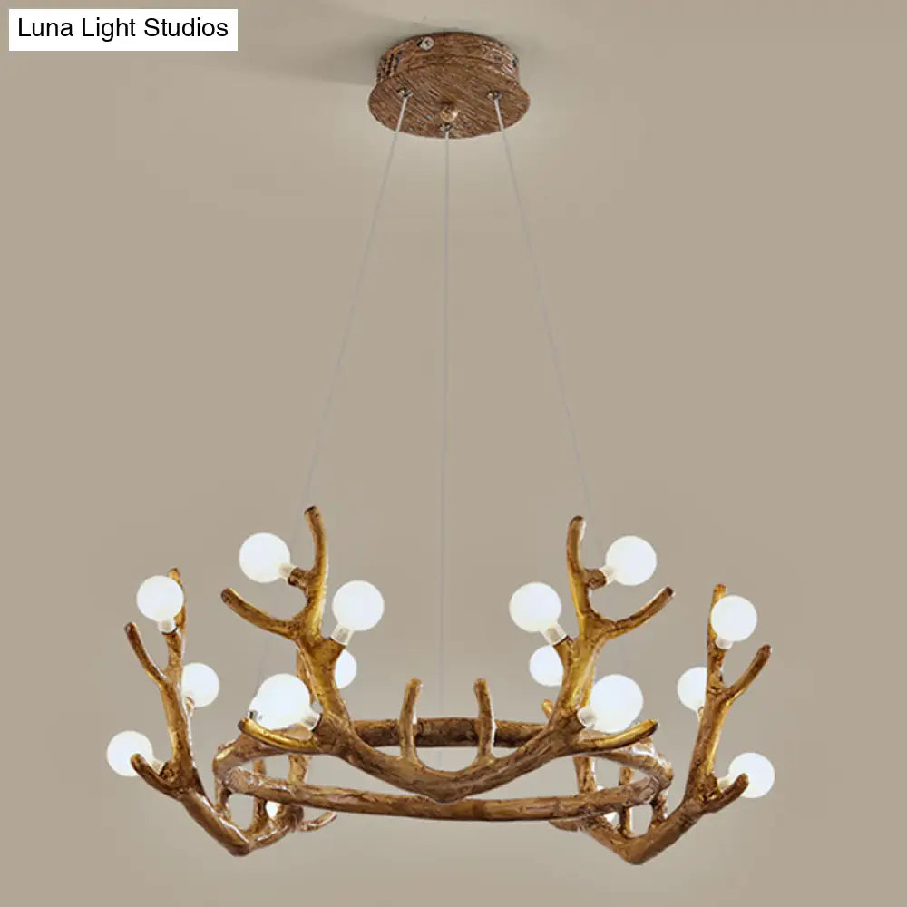 Vintage Resin Brown Led Chandelier Light - Antler Living Room Ceiling Lighting With Frosted Glass