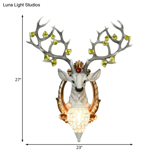 Vintage Resin Deer Wall Lamp - 19.5/23 White/Yellow Sconce Light With Crystal Teardrop Shade