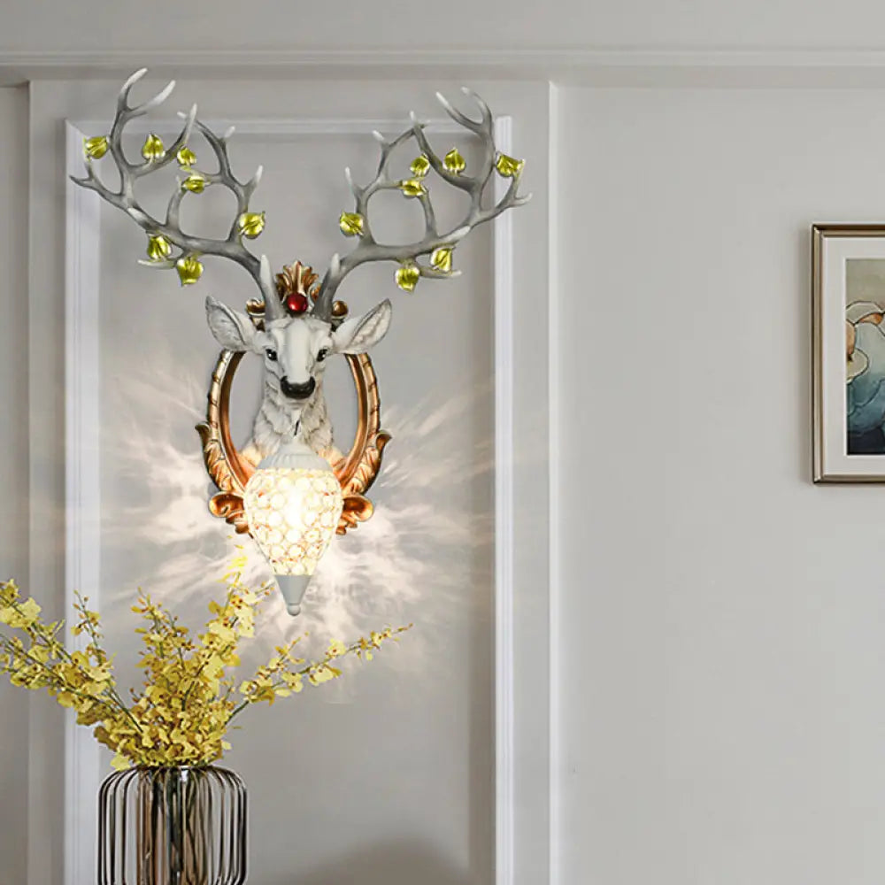 Vintage Resin Deer Wall Lamp - 19.5/23 White/Yellow Sconce Light With Crystal Teardrop Shade White /