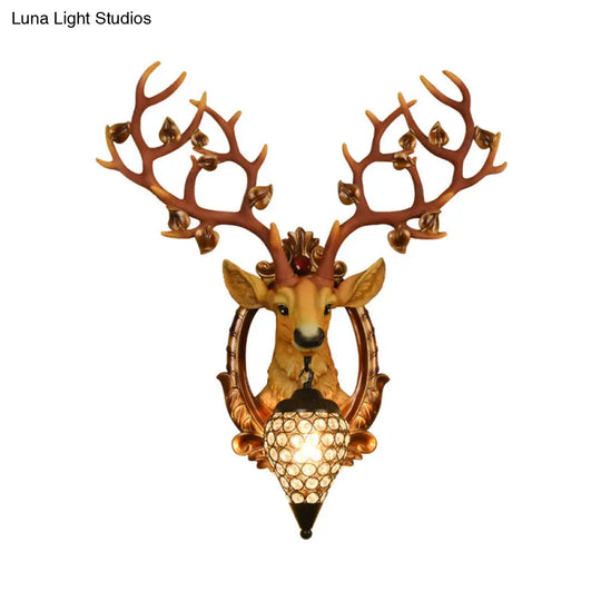 Vintage Resin Deer Wall Lamp - 19.5/23 White/Yellow Sconce Light With Crystal Teardrop Shade