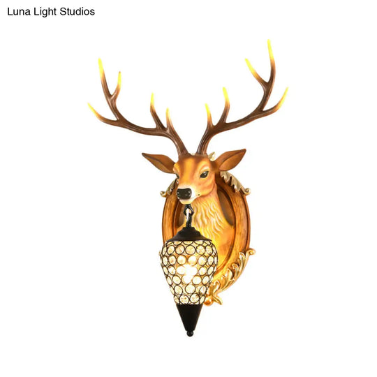 Vintage Resin Deer Wall Sconce With Crystal Shade - Silver/White/Wood 1-Light Living Room Lamp