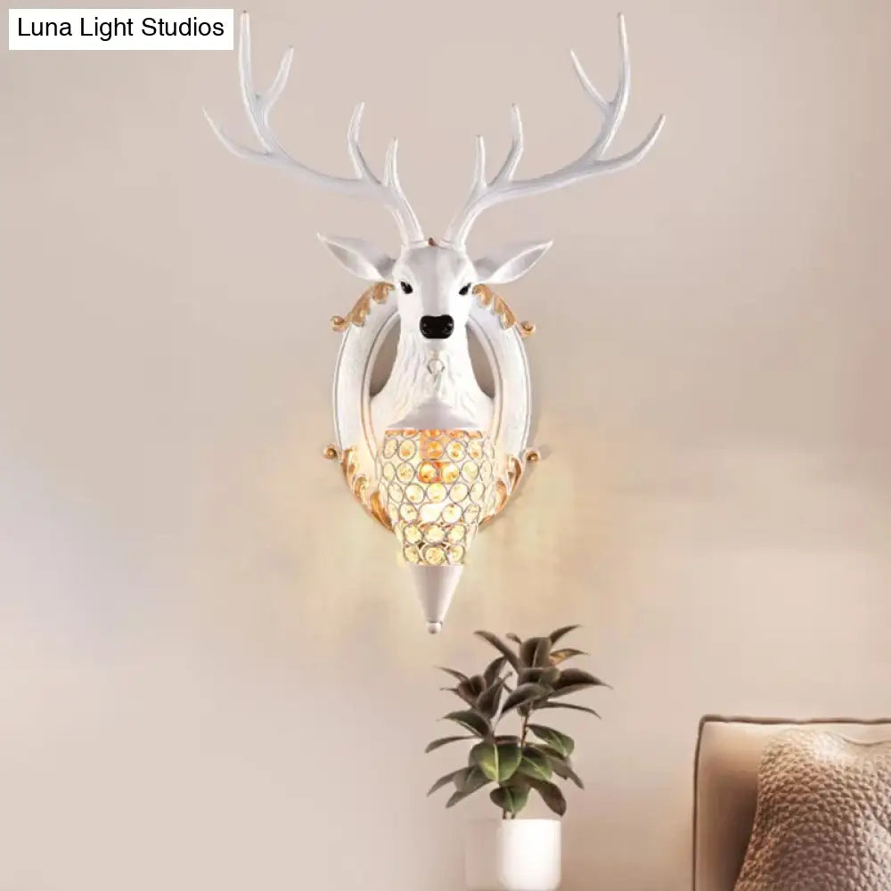 Vintage Resin Deer Wall Sconce With Crystal Shade - Silver/White/Wood 1-Light Living Room Lamp