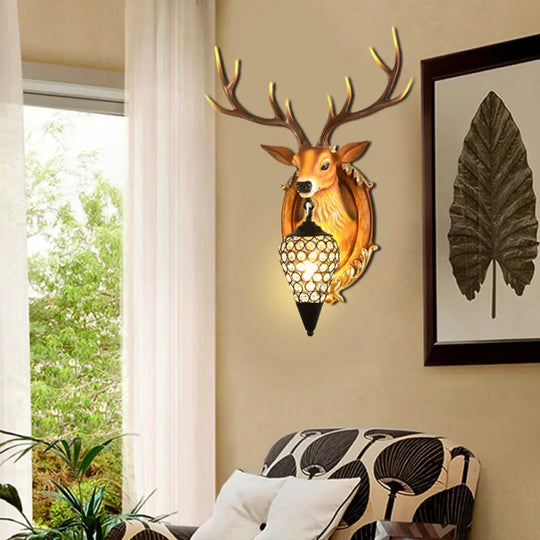 Vintage Resin Deer Wall Sconce With Crystal Shade - Silver/White/Wood 1-Light Living Room Lamp Wood