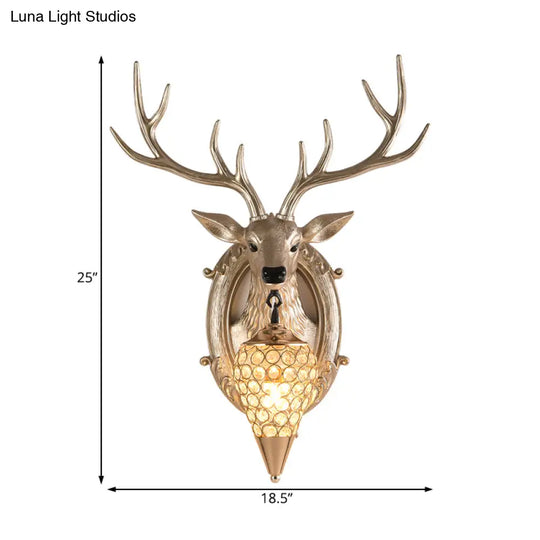 Vintage Resin Deer Wall Sconce With Crystal Shade - Silver/White/Wood 1-Light Living Room Lamp