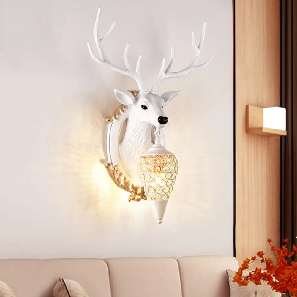 Vintage Resin Deer Wall Sconce With Crystal Shade - Silver/White/Wood 1-Light Living Room Lamp White