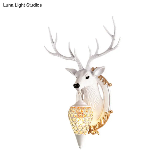 Vintage Resin Deer Wall Sconce With Crystal Shade - Silver/White/Wood 1-Light Living Room Lamp