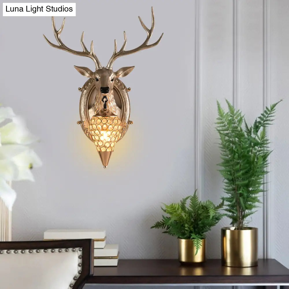 Vintage Resin Deer Wall Sconce With Crystal Shade - Silver/White/Wood 1-Light Living Room Lamp