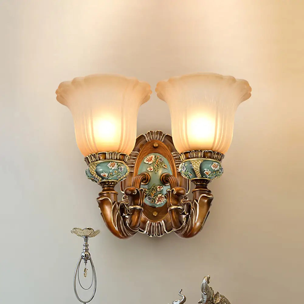 Vintage Resin Scallop Sconce Light - Peacock Green Wall Lighting Fixture With Glass Shade 2 /