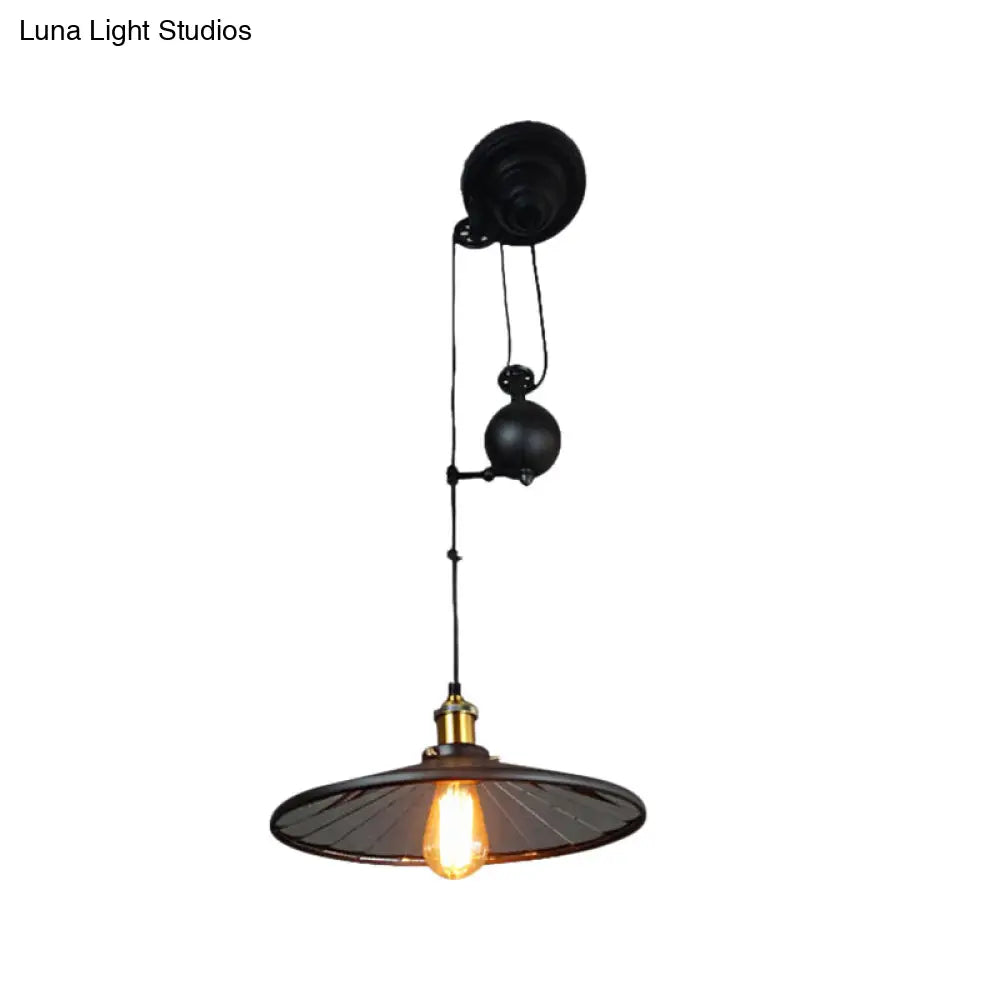 Vintage Retro Black Metal Ceiling Fixture With Pulley - 1-Bulb Suspension Lamp Conic Shade