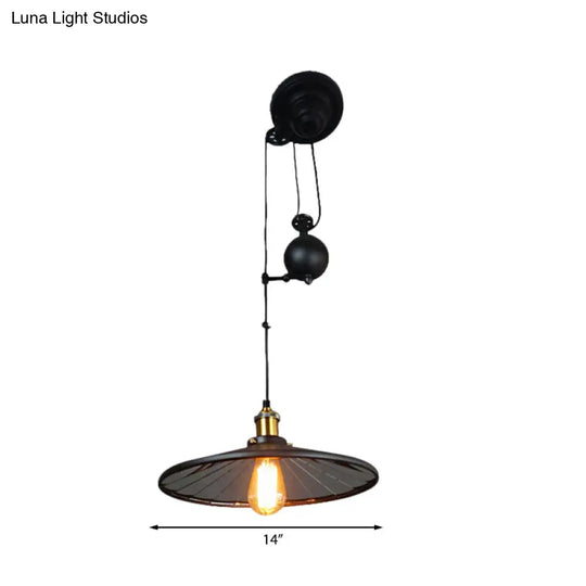 Vintage Retro Black Metal Ceiling Fixture With Pulley - 1-Bulb Suspension Lamp Conic Shade
