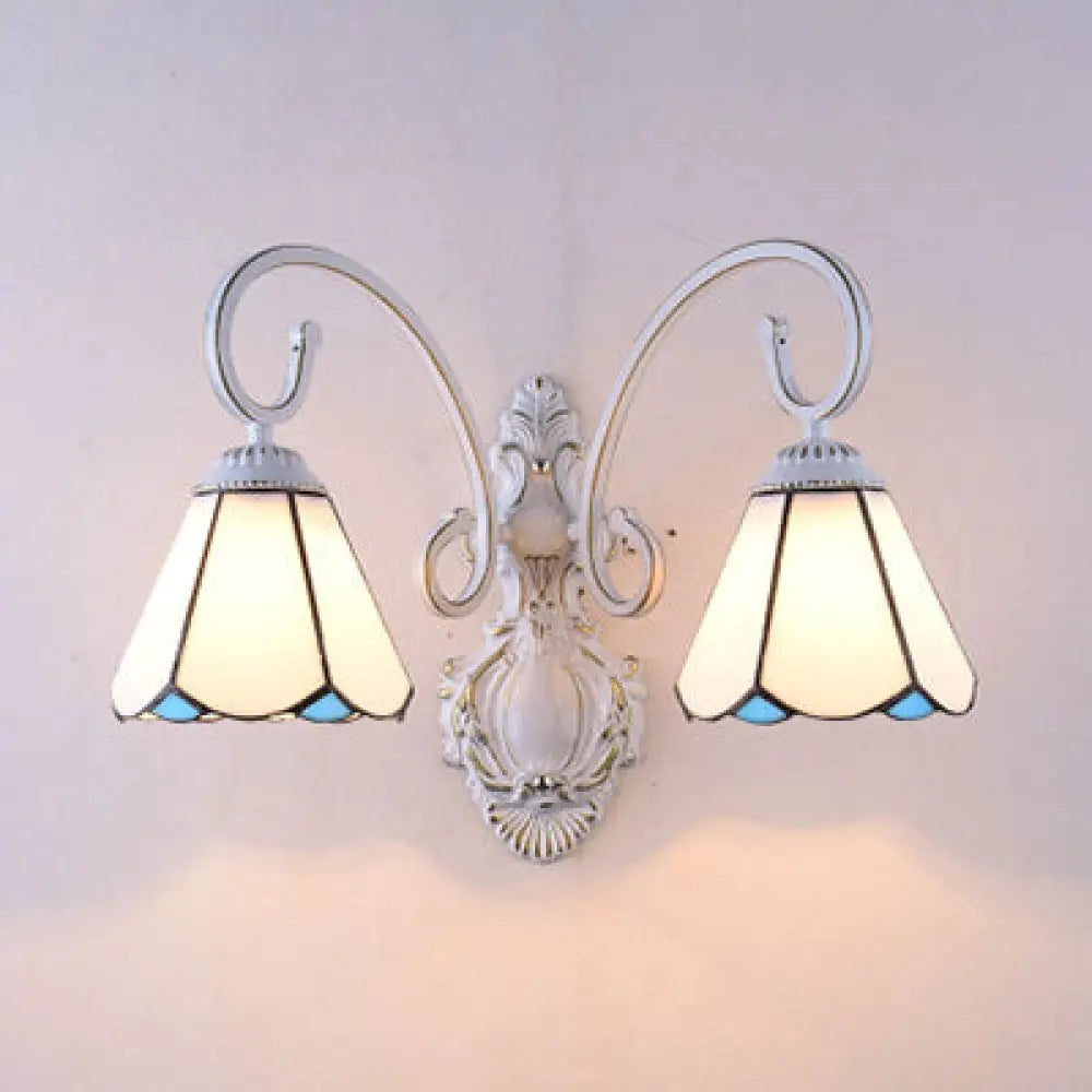 Vintage Retro Cone Wall Light Fixture With Stained Glass - White/Blue Bedroom Lighting White