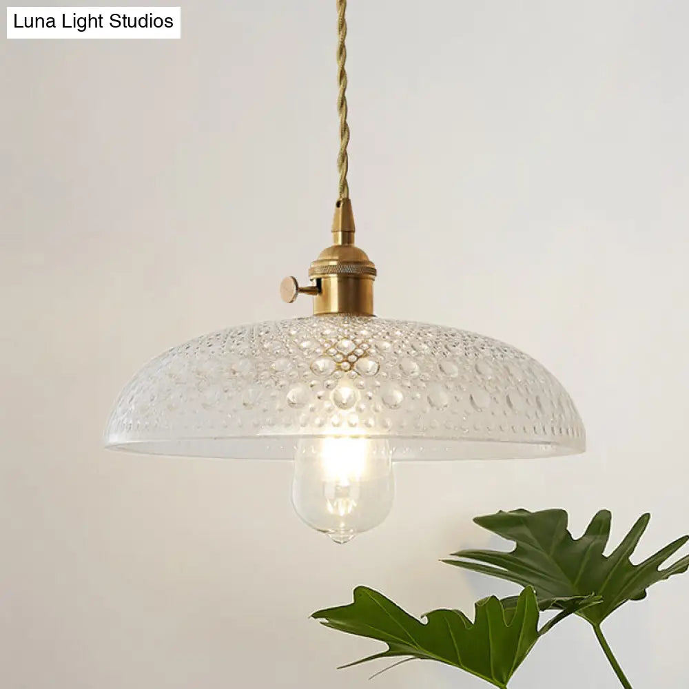 Vintage Retro Dome Hanging Ceiling Pendant Light With Clear Textured Glass Shade