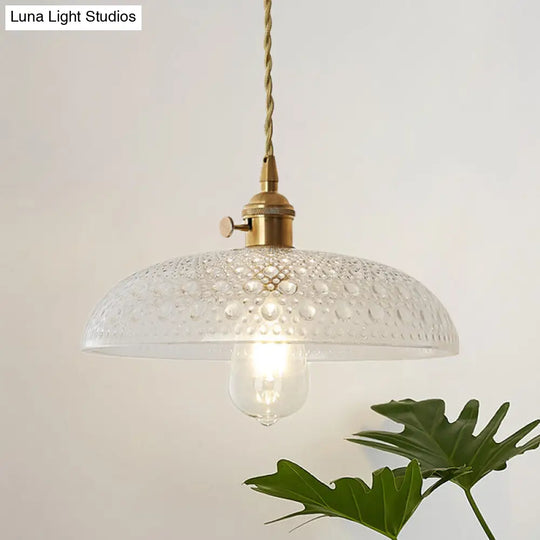 Vintage Retro Dome Hanging Ceiling Pendant Light With Clear Textured Glass Shade