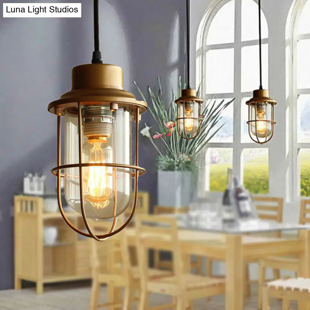 Vintage Retro Style Clear Glass Brass Caged Pendant Light With 1 Bulb