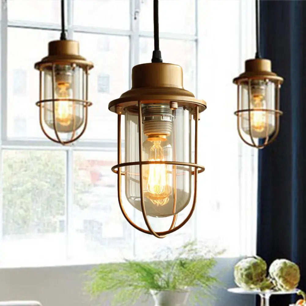 Vintage Retro Style Clear Glass Brass Caged Pendant Light With 1 Bulb