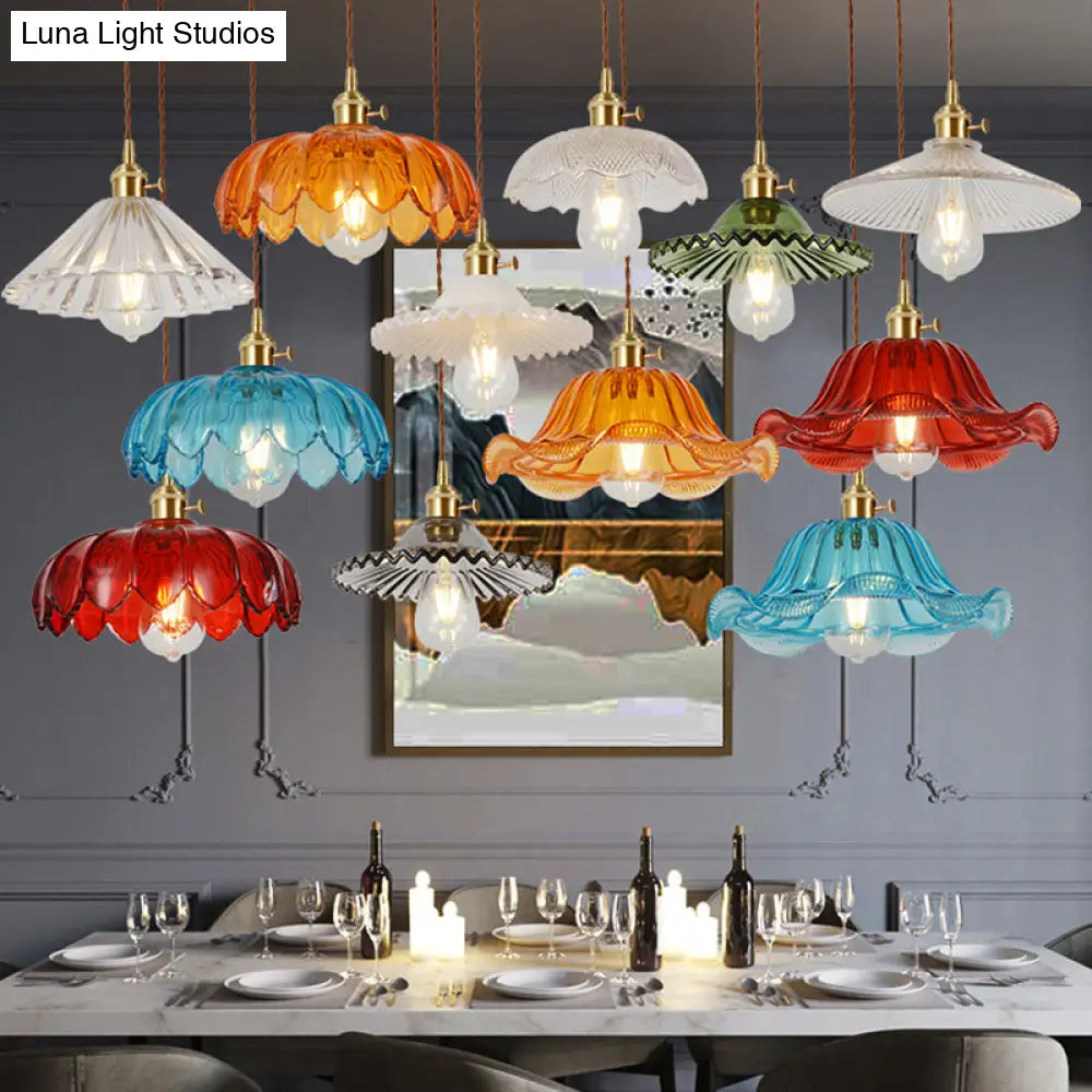 Vintage Ribbed Glass Pendant Lamp: Brass Single-Bulb Hanging Light For Dining Room