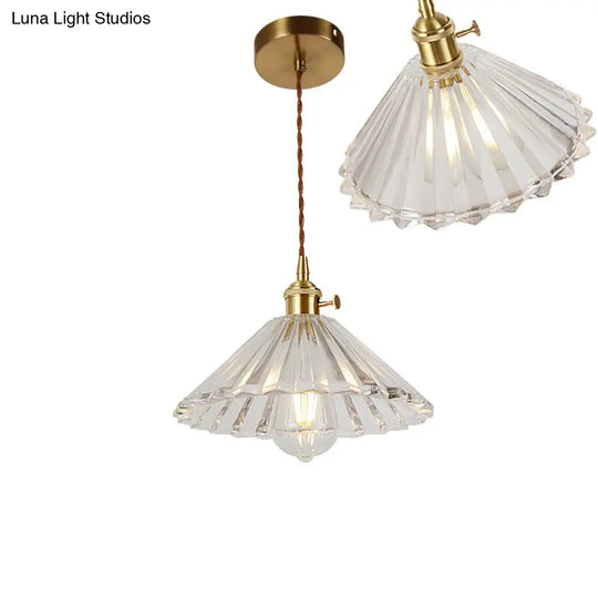 Vintage Ribbed Glass Pendant Lamp In Brass For Dining Room - Single Bulb Hanging Light / K