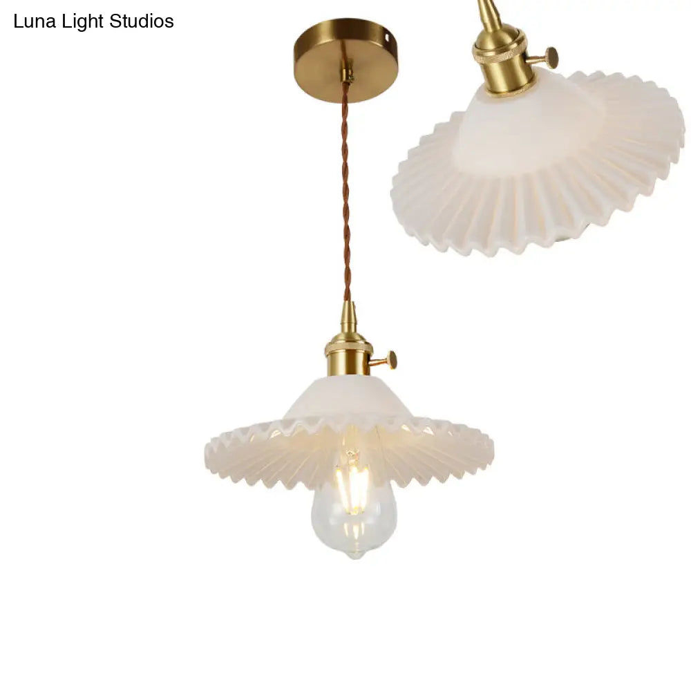 Vintage Ribbed Glass Pendant Lamp In Brass For Dining Room - Single Bulb Hanging Light / J