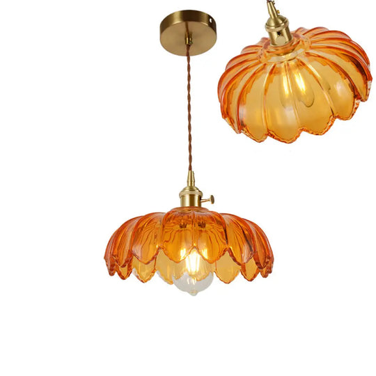 Vintage Ribbed Glass Pendant Lamp: Brass Single-Bulb Hanging Light For Dining Room / A