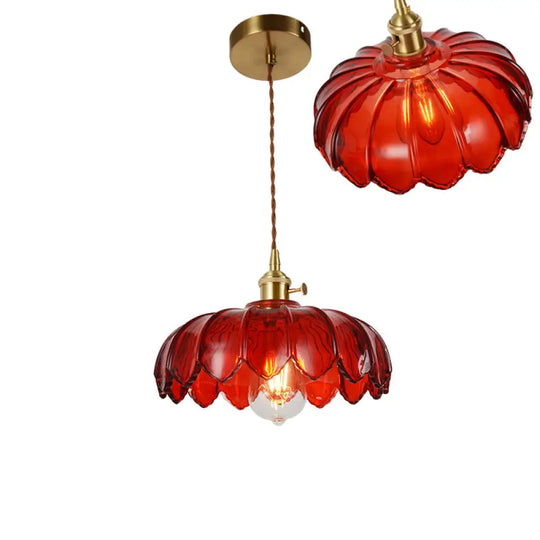 Vintage Ribbed Glass Pendant Lamp: Brass Single-Bulb Hanging Light For Dining Room / C
