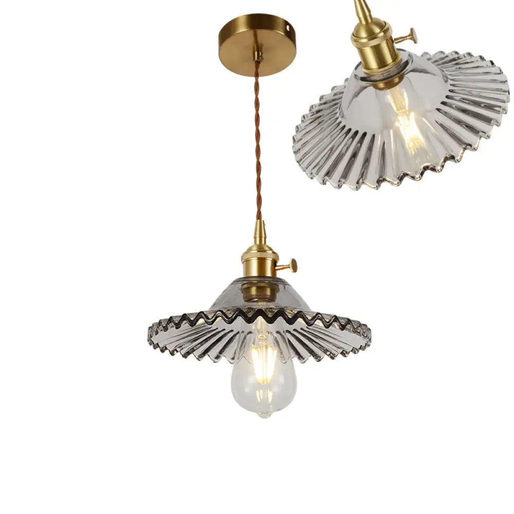 Vintage Ribbed Glass Pendant Lamp: Brass Single-Bulb Hanging Light For Dining Room / G