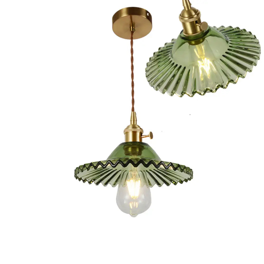 Vintage Ribbed Glass Pendant Lamp: Brass Single-Bulb Hanging Light For Dining Room / H