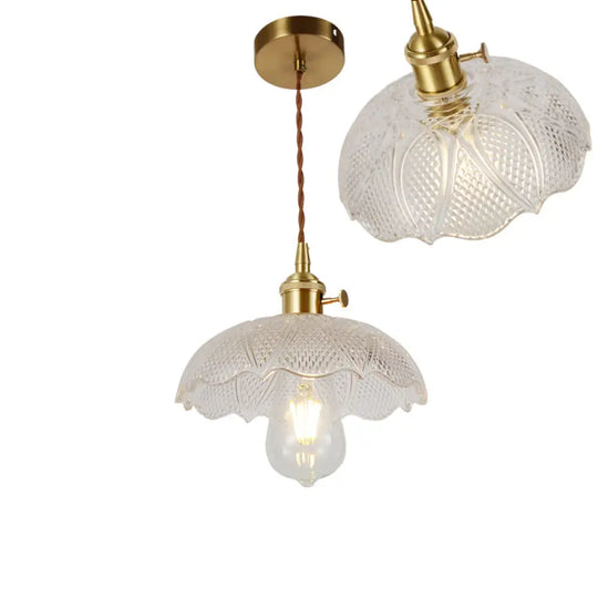Vintage Ribbed Glass Pendant Lamp: Brass Single-Bulb Hanging Light For Dining Room / I