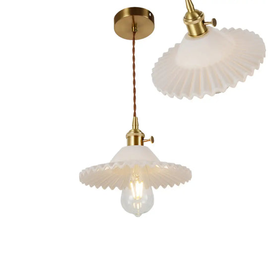 Vintage Ribbed Glass Pendant Lamp: Brass Single-Bulb Hanging Light For Dining Room / J