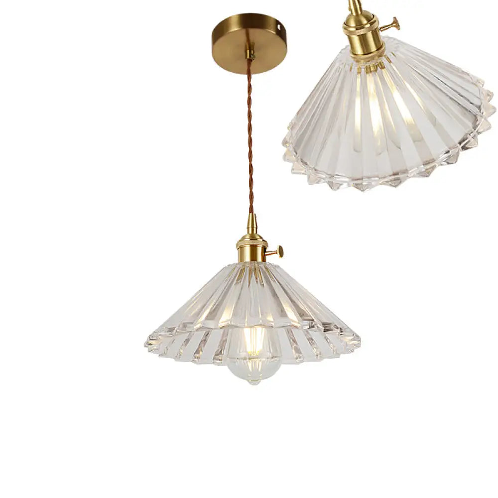 Vintage Ribbed Glass Pendant Lamp: Brass Single-Bulb Hanging Light For Dining Room / K