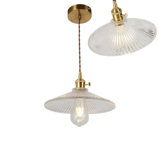 Vintage Ribbed Glass Pendant Lamp: Brass Single-Bulb Hanging Light For Dining Room / L