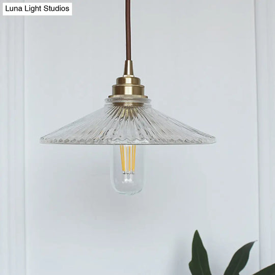 Vintage Ribbed Glass Pendant Light - Clear 1-Light Fixture With Wide Flare Hanging Design