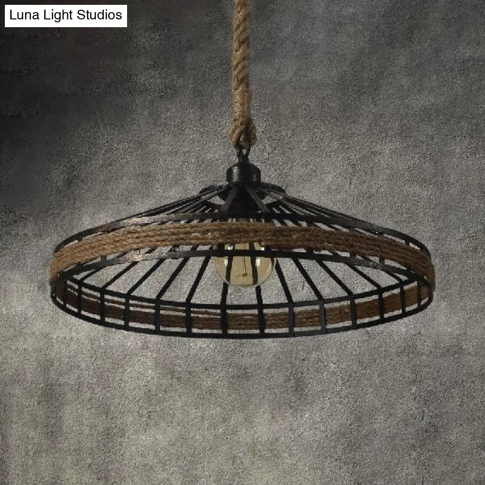 Vintage Rope And Metal Suspension Light For Restaurants - Conic Cage Design In Aged Silver/Black