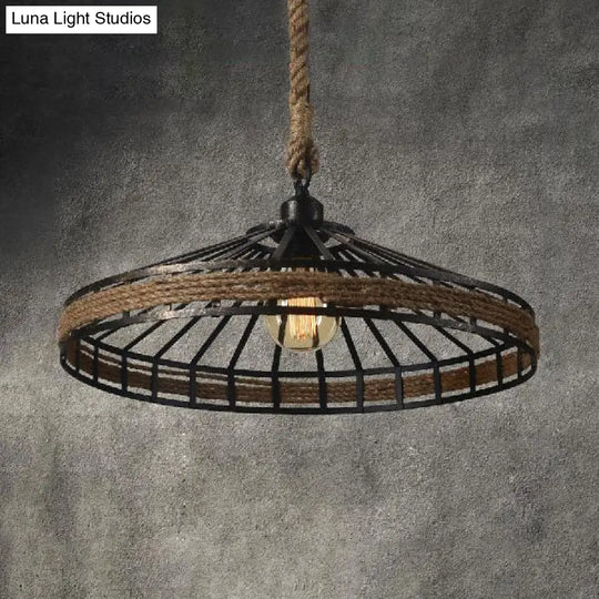 Vintage Rope And Metal Suspension Light For Restaurants - Conic Cage Design In Aged Silver/Black