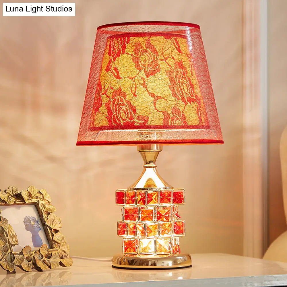 Vintage Rose Print Fabric Table Lamp - Romantic Red/Gold Dual Cone Shade Cube Crystal Base